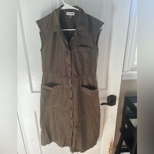 Calvin Klein Sleeveless Green Button-Up Dress w/ Adjustable Cinch Waist